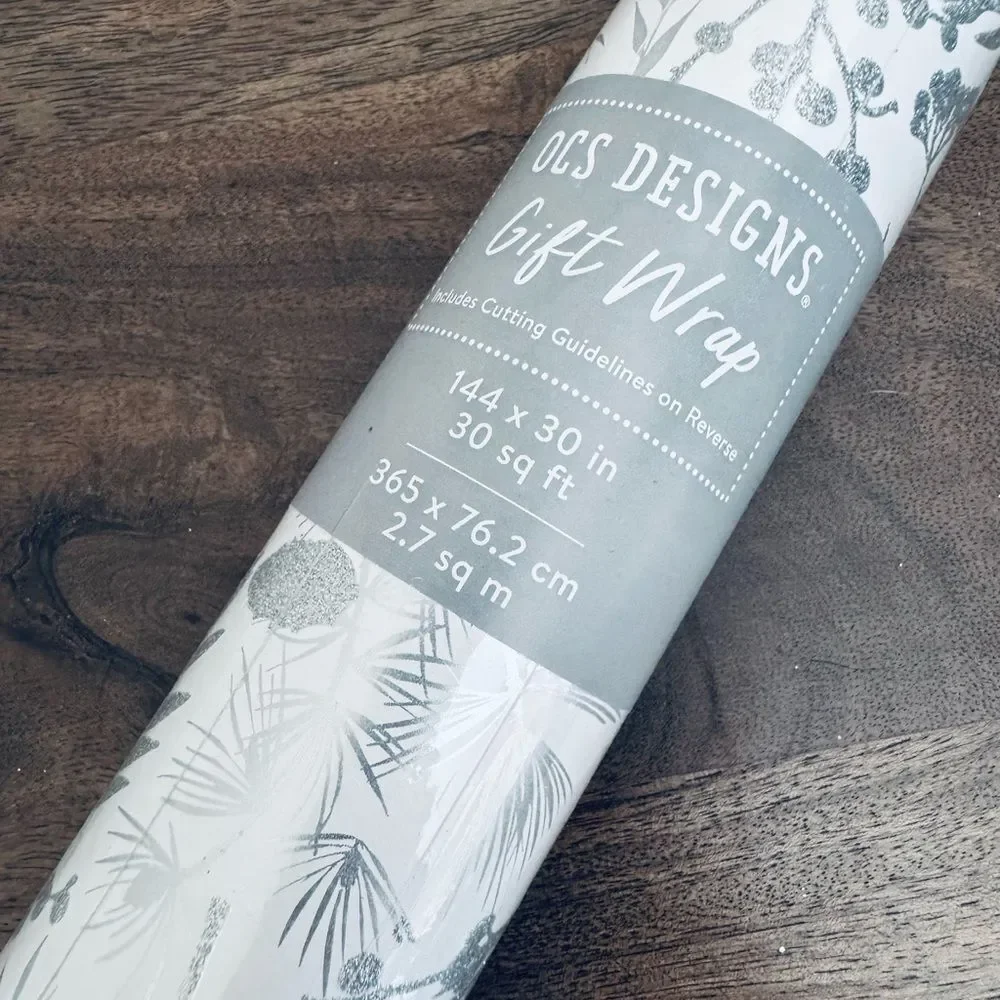 Christmas Holiday Silver Glitter Botanical Gift Wrap Wrapping Paper Roll